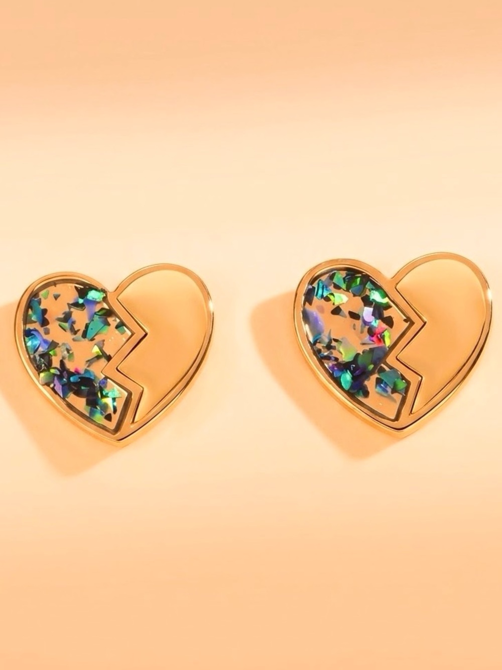 “My Shattered Heart” Broken/Fractured Iridescent Abalone Chips Flakes Gold Studs